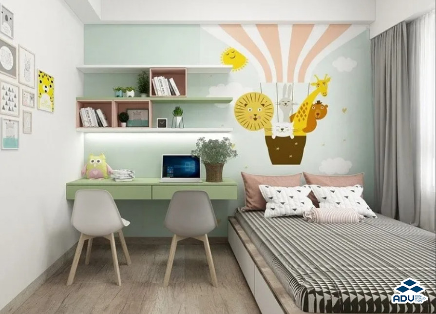 Hoặc bạn có thể kết hợp decal dán tường cho một bức tường và tranh trang trí ở bức tường còn lại