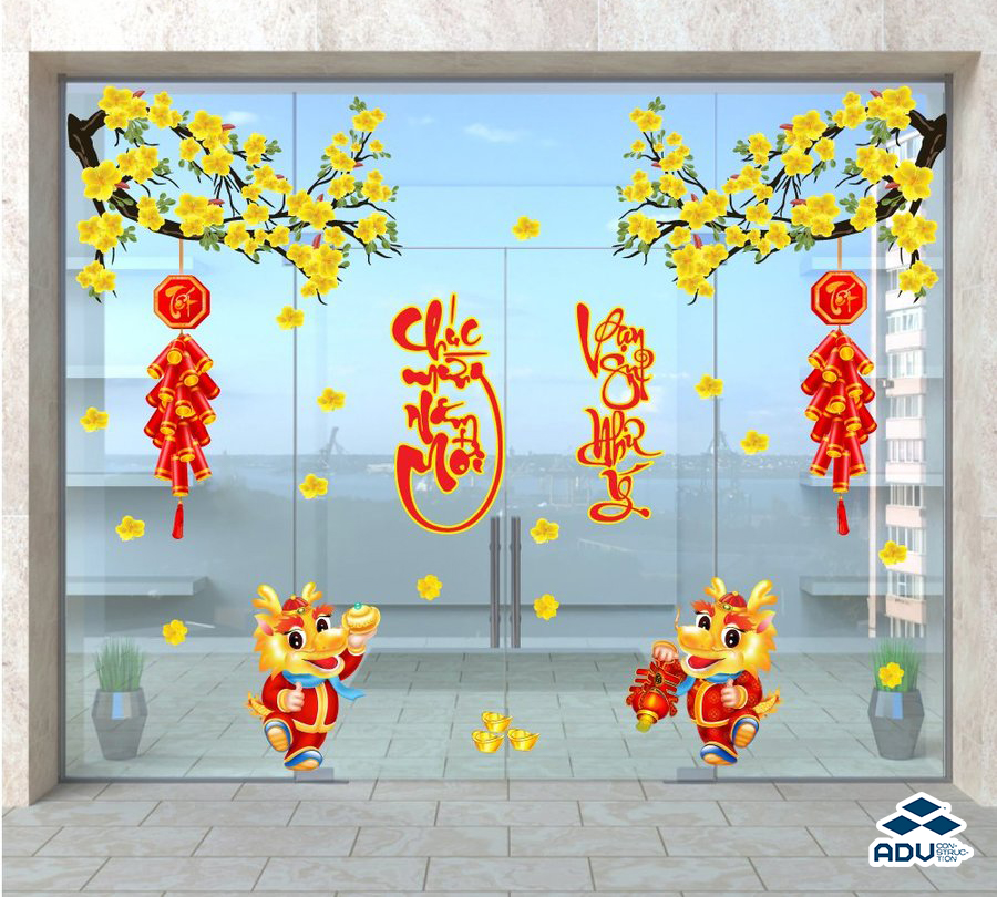 In decal trang trí Tết câu đối đón năm mới