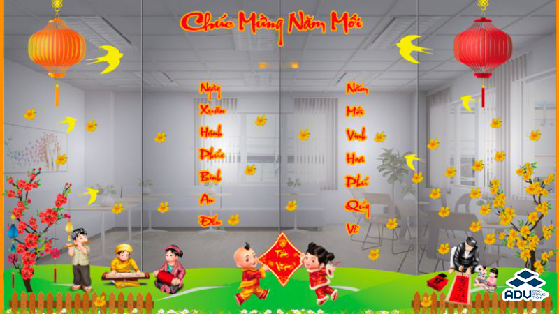 Mẫu tết đồng quê với đèn lồng, thầy đồ trên nền cỏ xanh