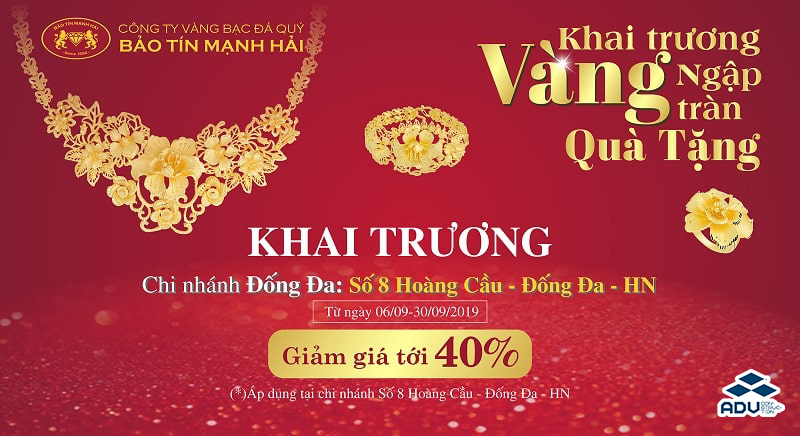 Banner cửa hàng “vàng bạc đá quý” bằng gam màu đỏ, vàng sang trọng, quý phá