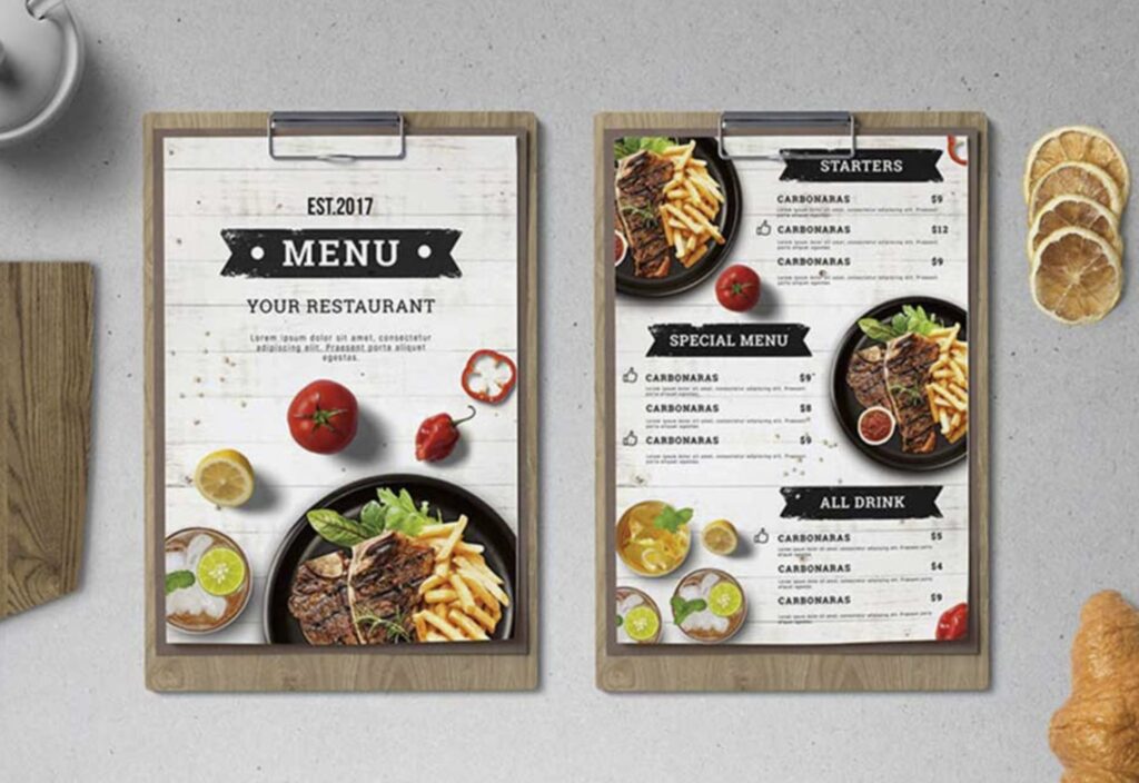 Mẫu menu dạng 1 tờ cho nhà hàng