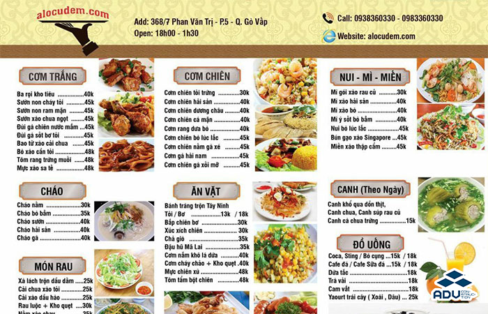 Menu phân loại theo món ăn