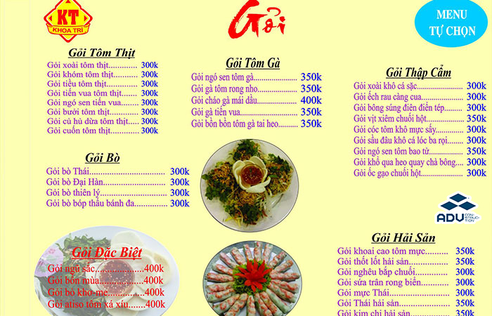 Menu tự chọn món trong nhà hàng tiệc cưới