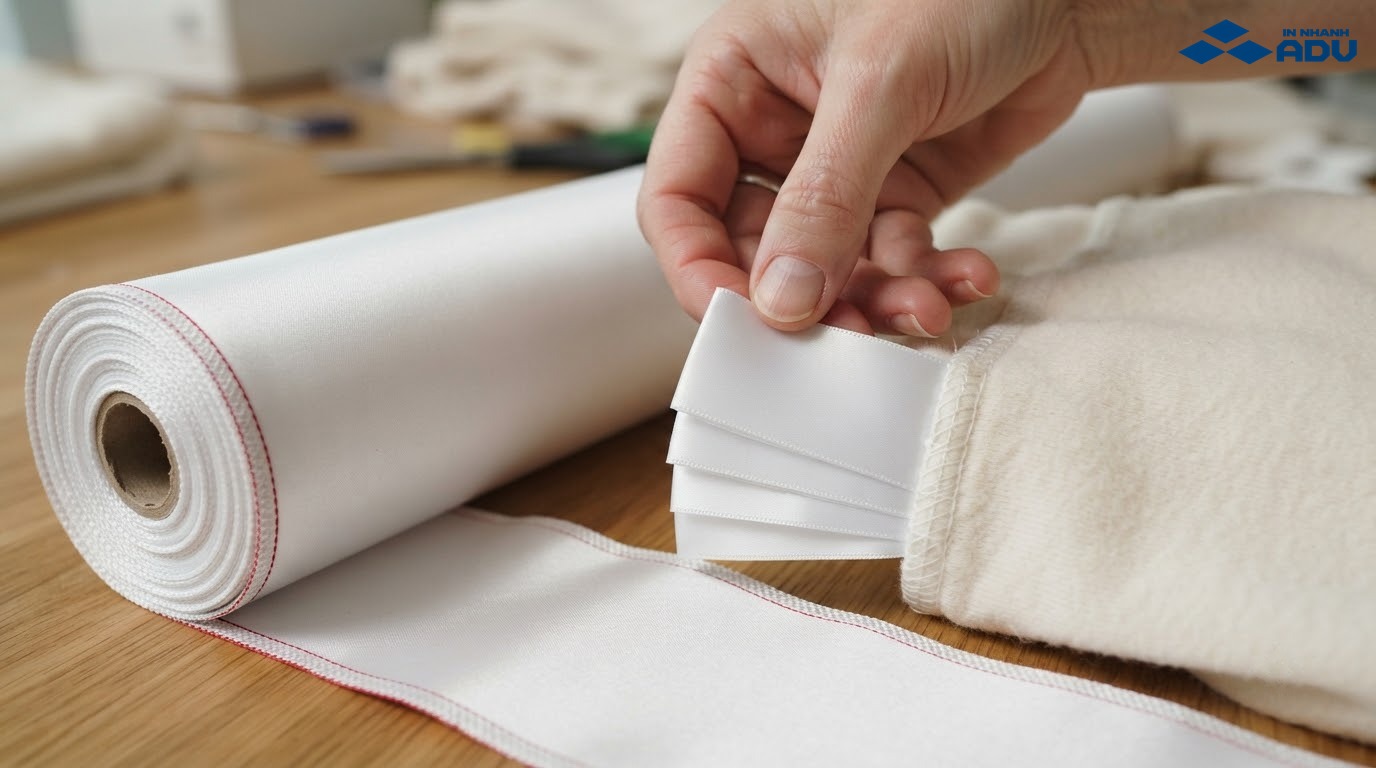 Nhãn satin dệt biên mềm được may vào đường sườn áo