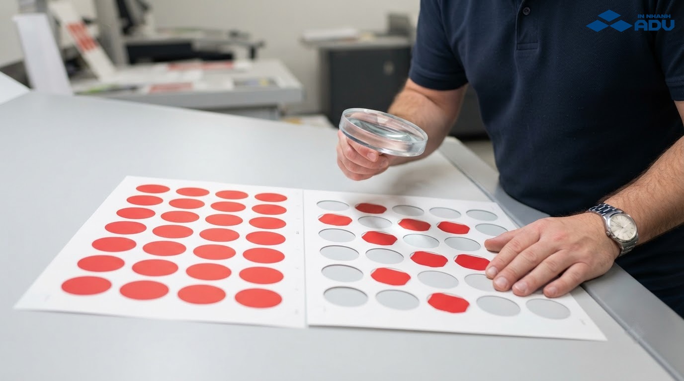 Kỹ thuật viên kiểm tra lỗi lệch vị trí trên tờ tem decal