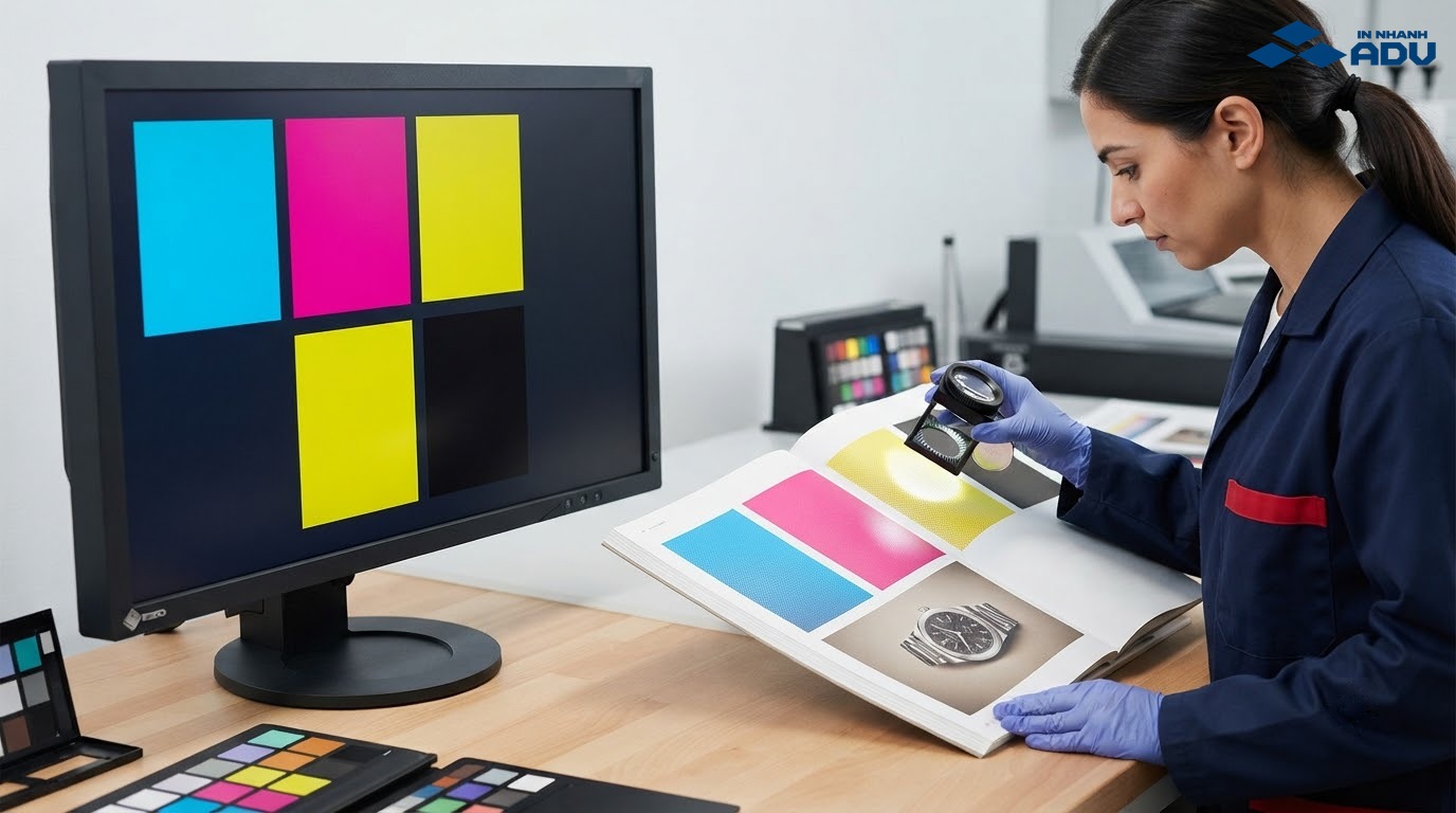 So sánh màu hiển thị RGB và màu in CMYK cho catalog