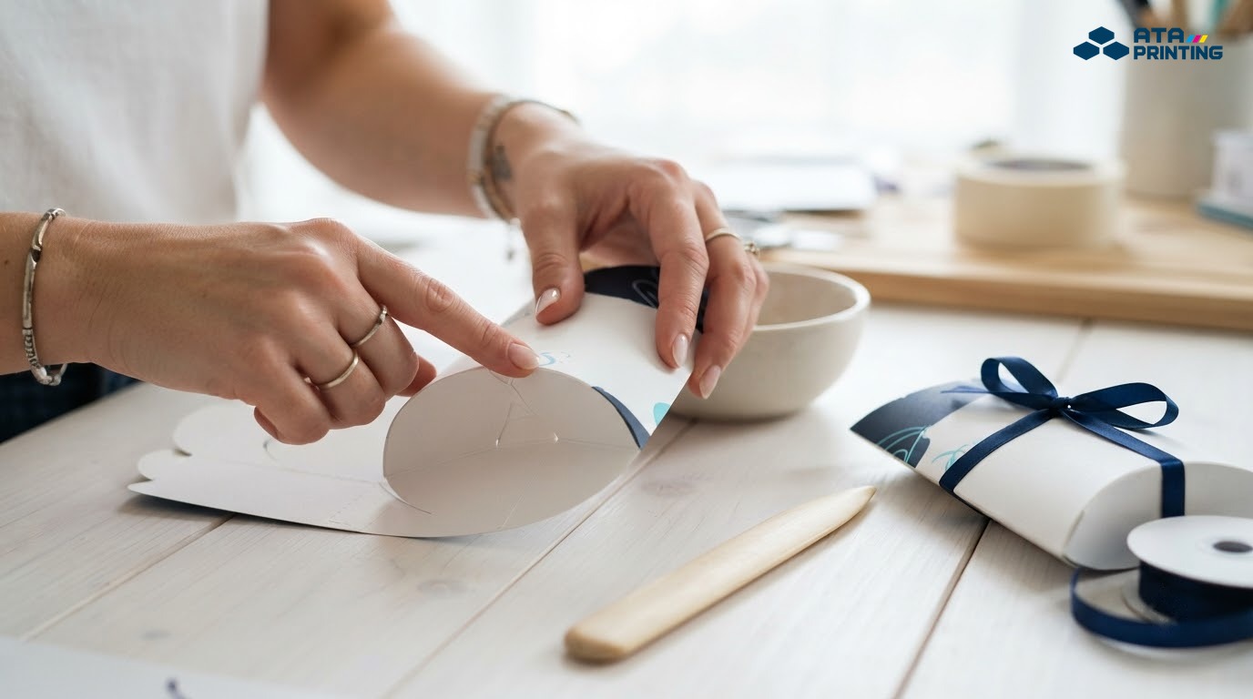 Hộp quà gối bằng giấy với hai đầu cong được gấp khép gọn