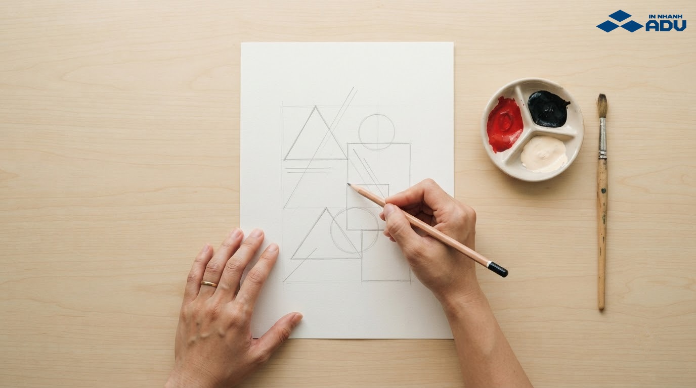 Người thiết kế đang vẽ poster thủ công trên giấy A4