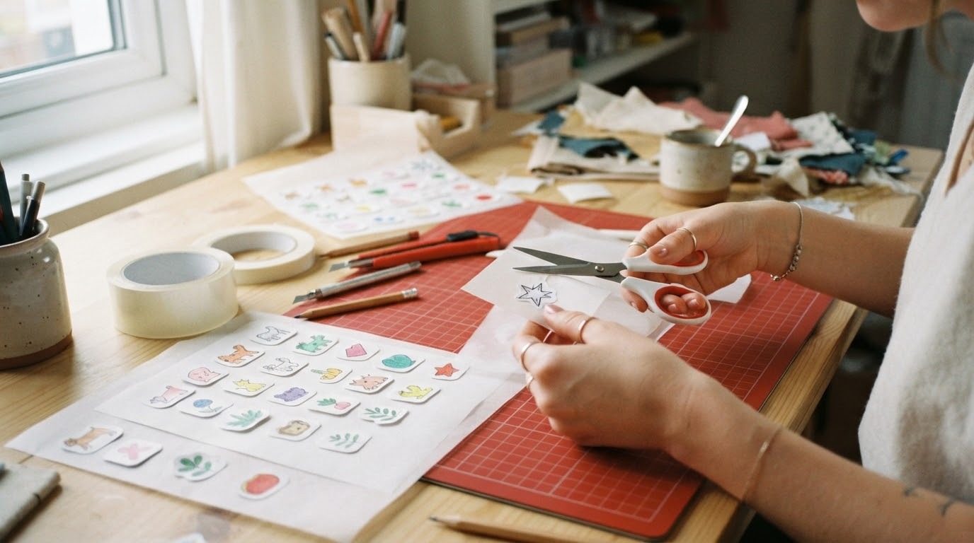 Các mẫu sticker handmade được làm từ giấy và băng dính trên bàn thủ công