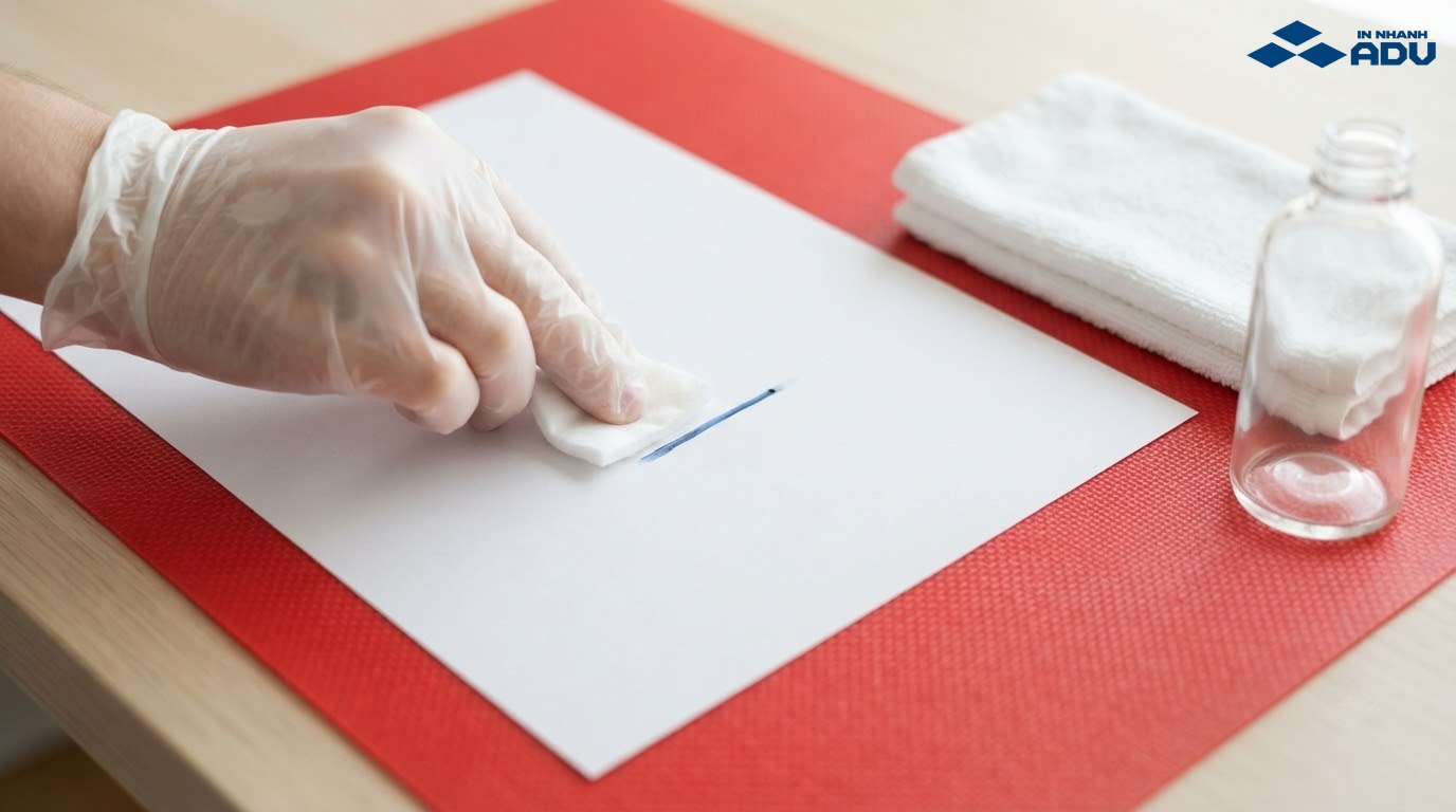 Khăn bông thấm ít cồn để xử lý vết mực mới trên giấy A4