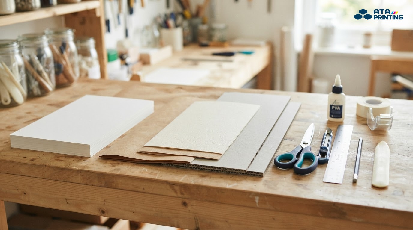 Giấy bìa, giấy kraft và dụng cụ cần thiết để làm hộp quà handmade