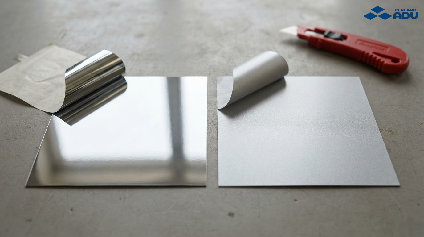 Hai mẫu decal chrome bóng gương và decal xi bạc mờ đặt cạnh nhau
