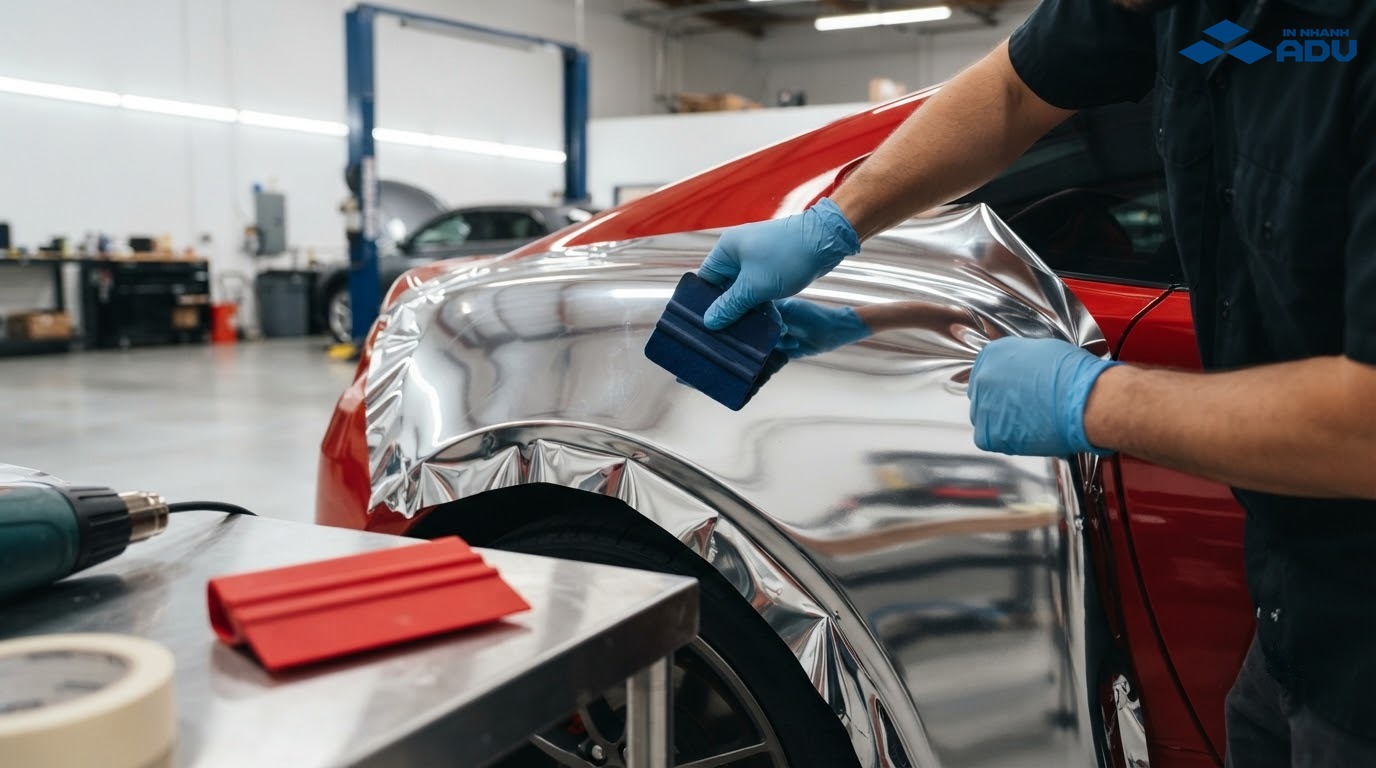 Kỹ thuật viên vuốt decal chrome lên chi tiết cong của xe hơi