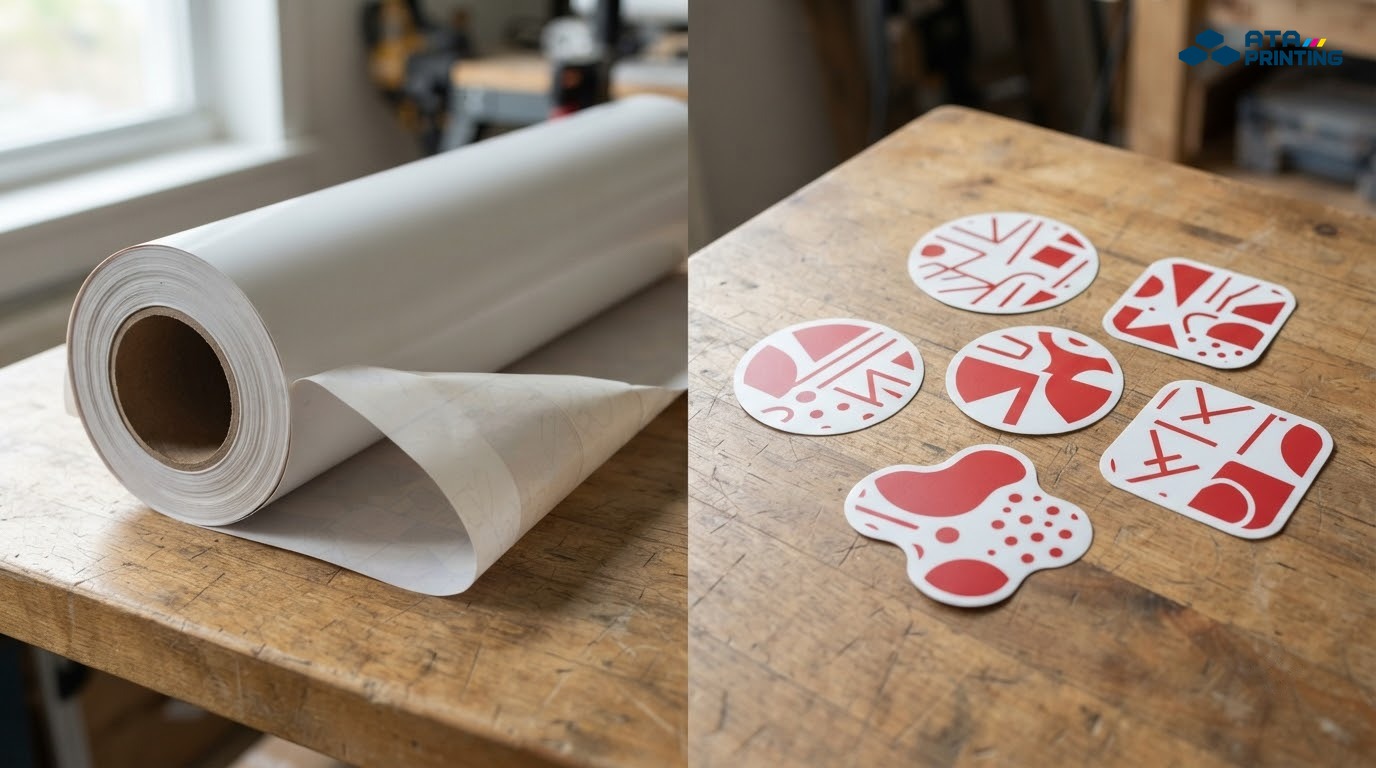 Cuộn vật liệu decal đặt cạnh các sticker đã in và cắt thành hình hoàn chỉnh