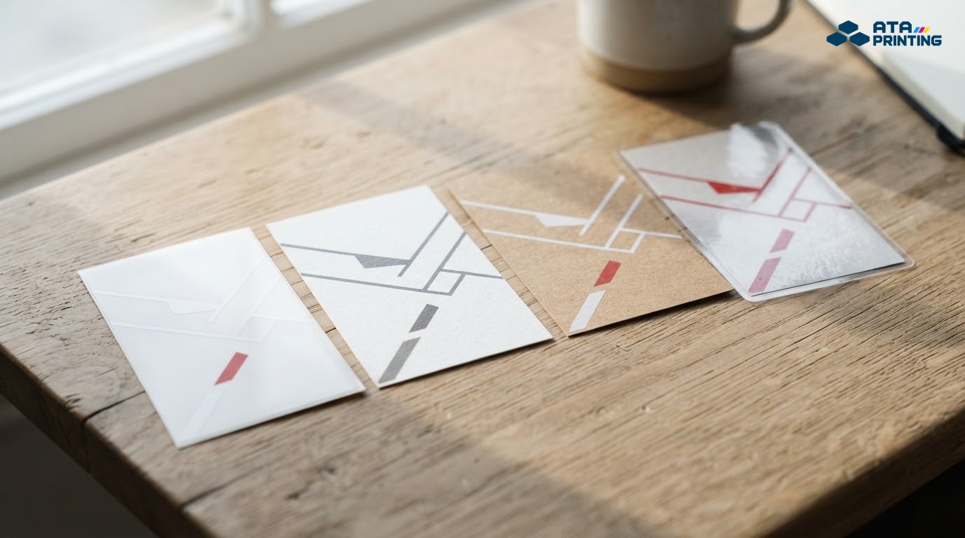 Các mẫu decal giấy trắng, Kraft và bề mặt cán màng bóng đặt cạnh nhau