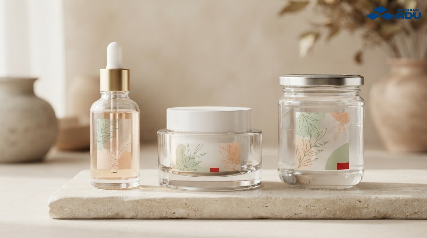 Tem decal trong suốt dán trên chai serum và hũ thực phẩm bằng thủy tinh