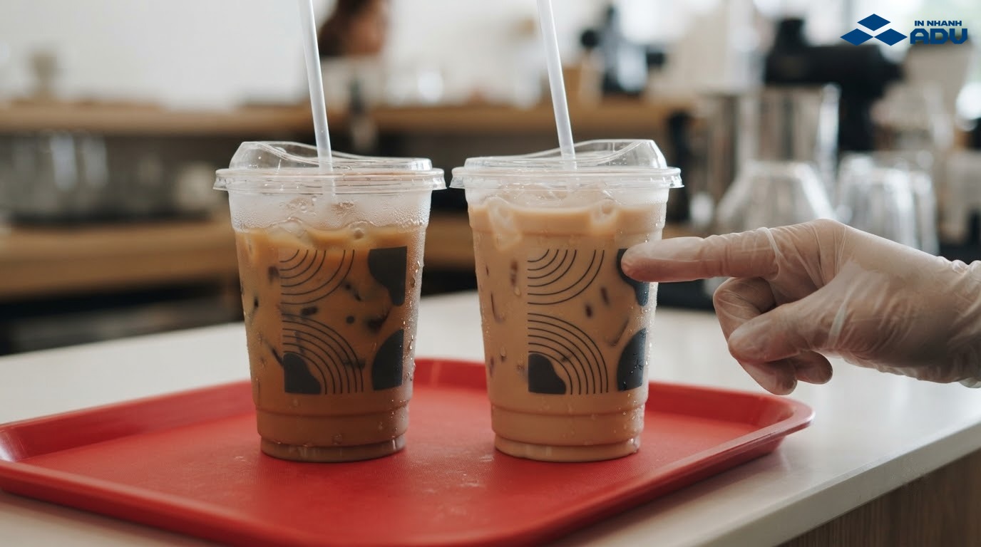 Decal trong dán trên ly trà sữa lạnh vẫn bám đều khi bề mặt có hơi nước
