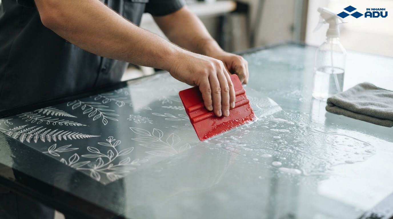 Người thợ dùng gạt mềm dán decal trong lên kính từ tâm ra mép