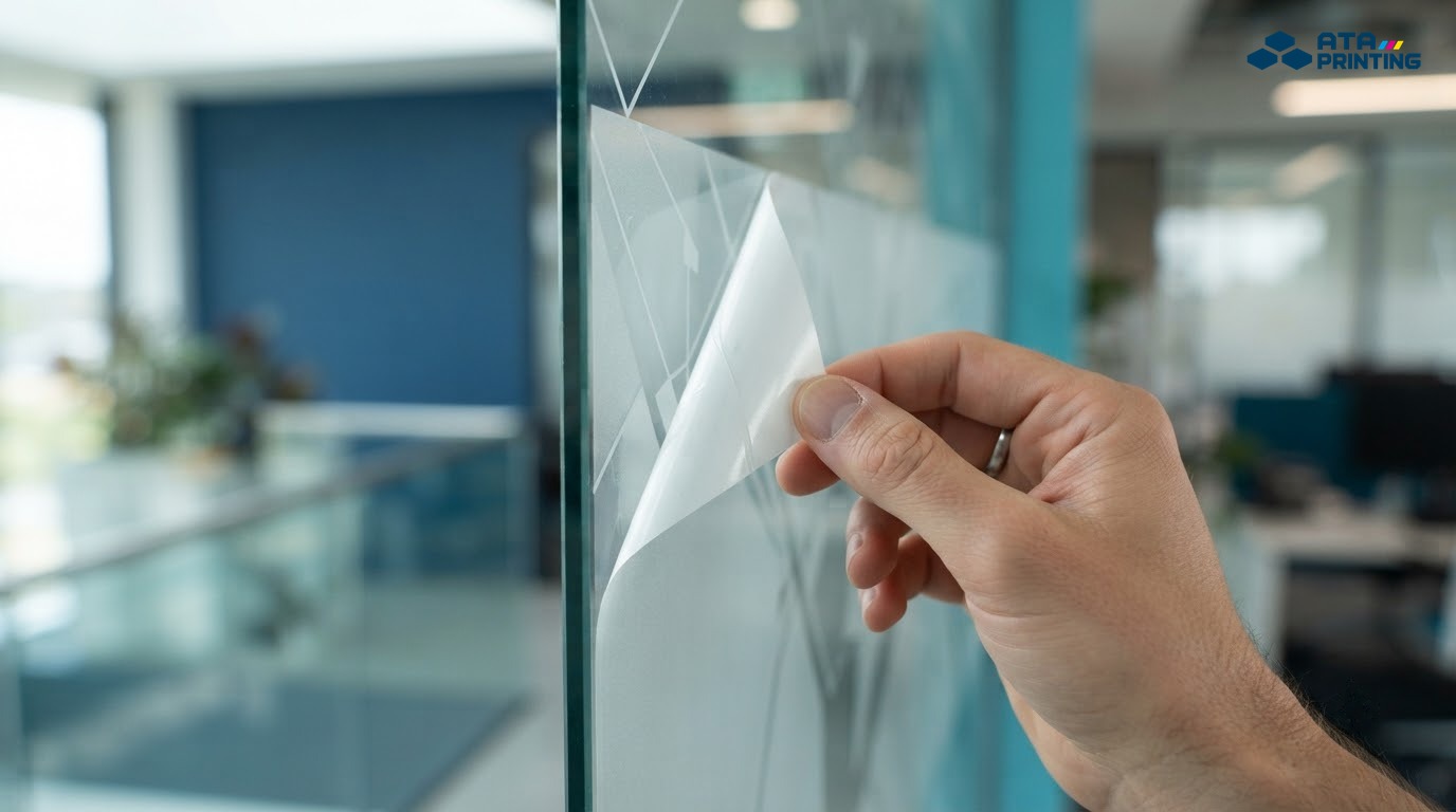 Tấm decal tự dính được bóc lớp đế để dán lên bề mặt kính