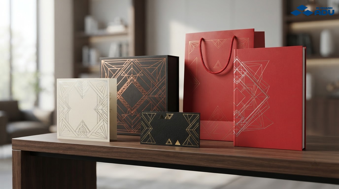 Danh thiếp, thiệp mời, túi giấy, hộp quà và bìa catalogue ép kim