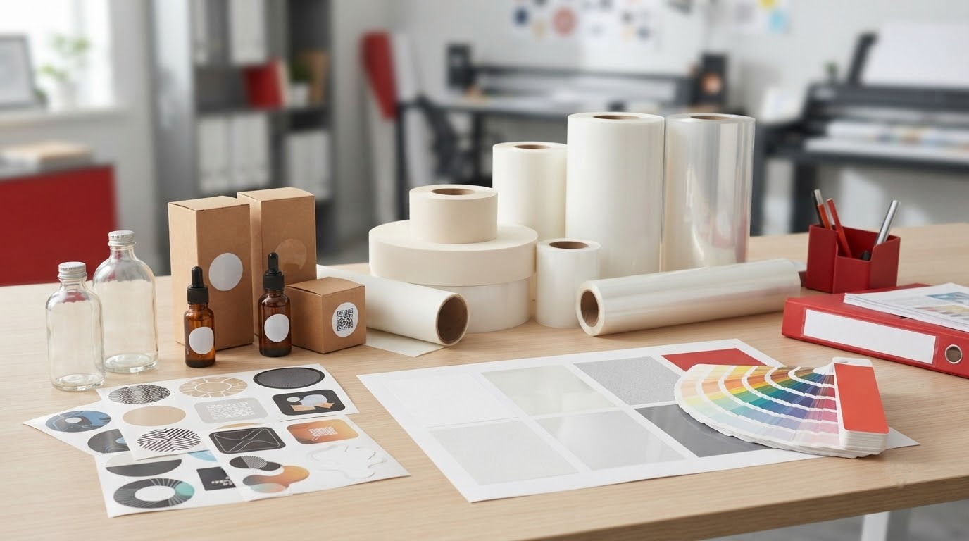 Nhiều mẫu tem decal giấy và decal nhựa được sắp xếp tại bàn tư vấn in ấn