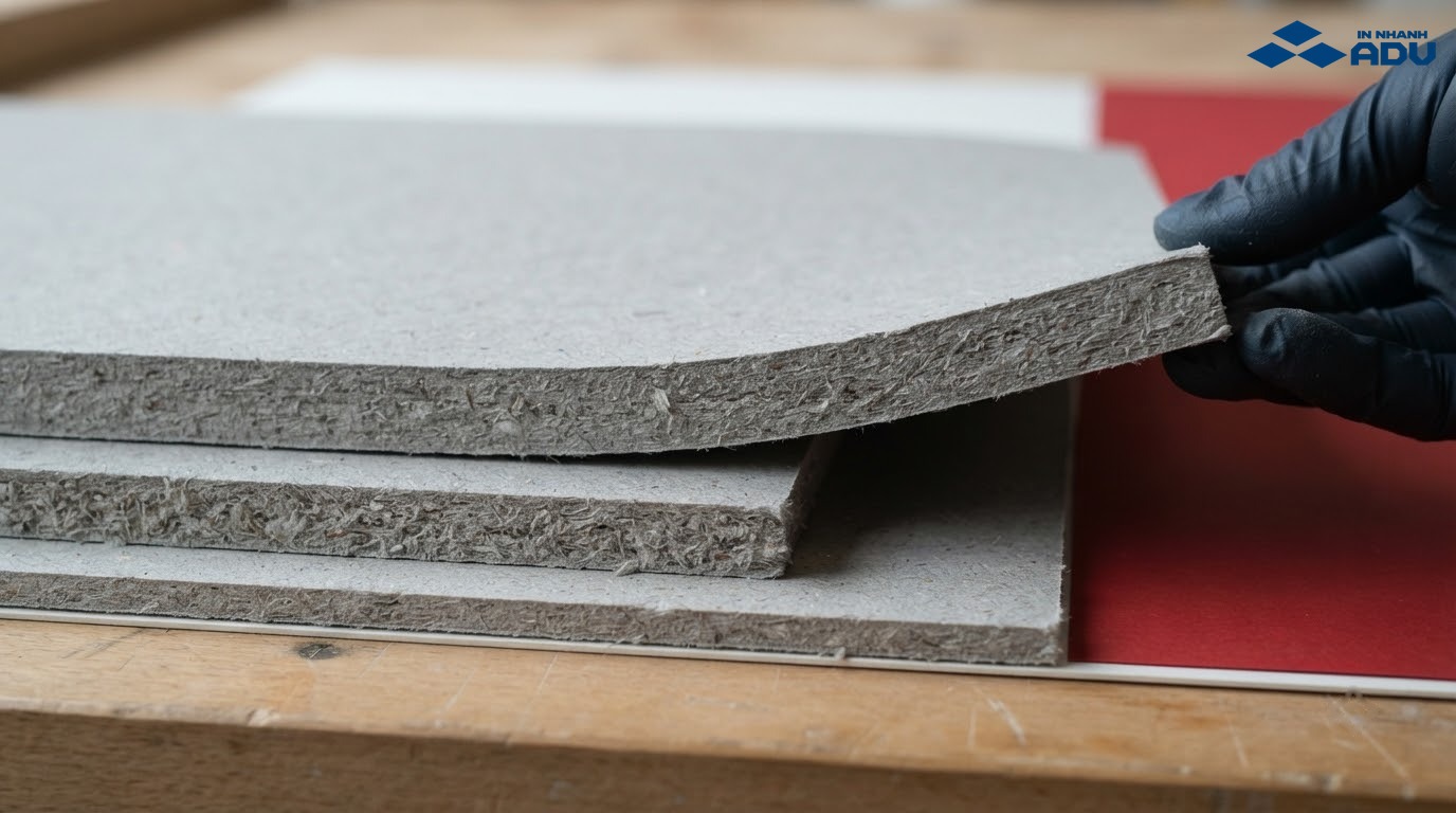 Cận cảnh mép cắt đặc và bề mặt nhám của tấm chipboard xám