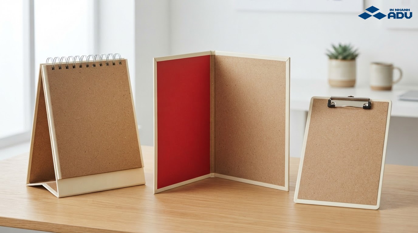Đế lịch chữ A và bìa hồ sơ cứng làm từ chipboard bồi giấy