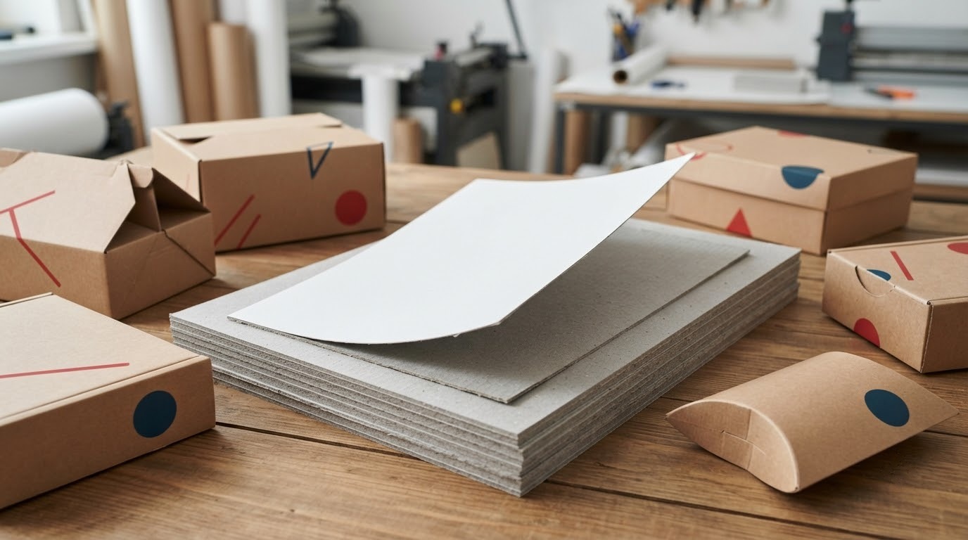 Tấm giấy Duplex hai mặt đặt cạnh các mẫu hộp giấy và bao bì thành phẩm