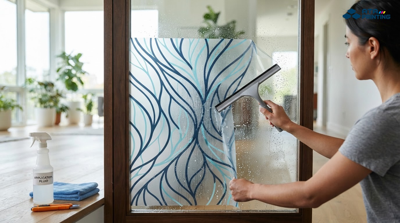 Người thợ dùng gạt kính làm phẳng decal trên cửa kính đã được làm ướt