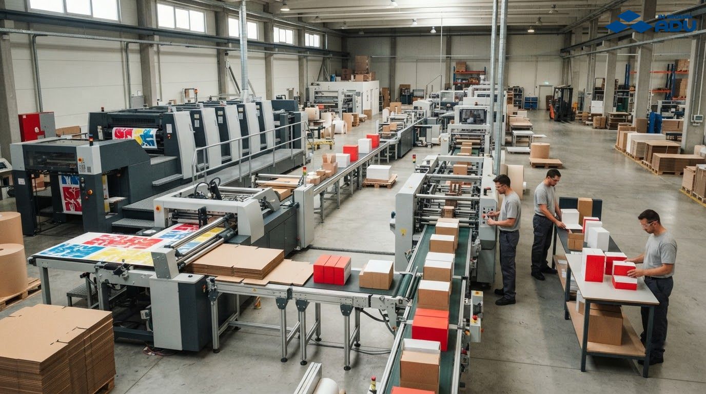 Dây chuyền in bế gấp dán và kiểm tra hộp giấy tại xưởng