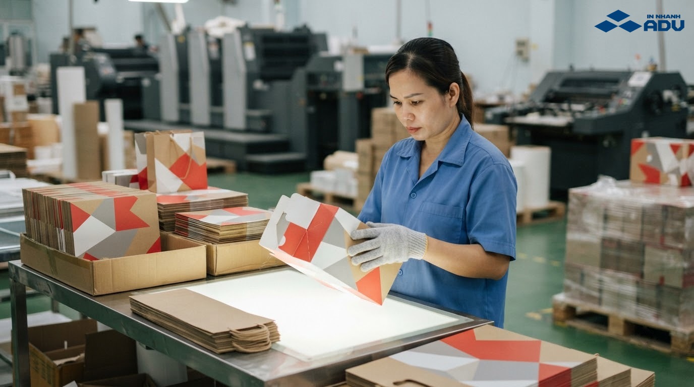 Nhân viên kiểm tra hộp giấy hoàn thiện tại xưởng in TPHCM