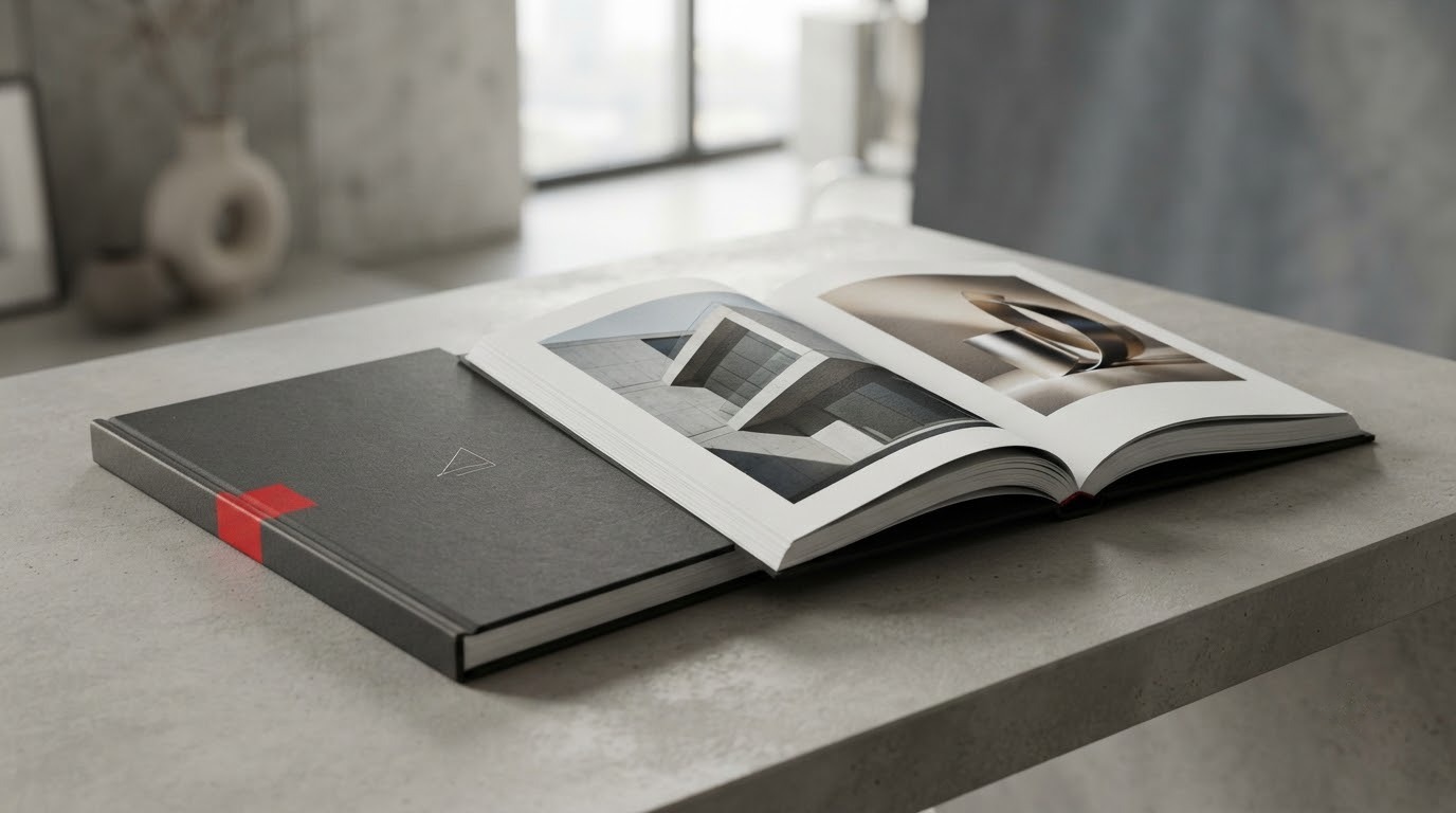 Catalogue bìa cứng cao cấp mở trên bàn trưng bày