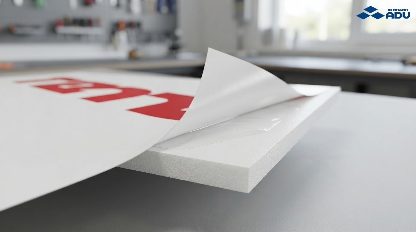 Lớp decal được bóc nhẹ để lộ bề mặt tấm formex PVC foam