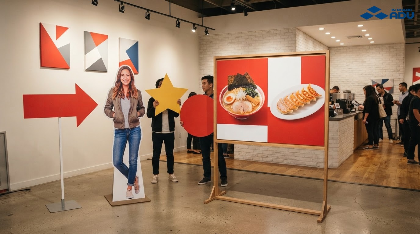 Bảng chỉ dẫn, standee, hashtag, menu và tranh làm từ formex