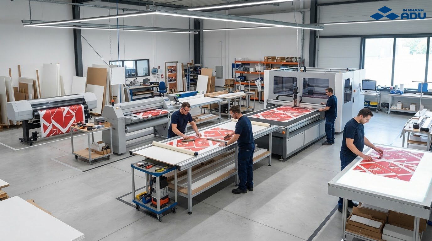 Quy trình in, cán, bồi, cắt CNC và kiểm tra decal dán formex