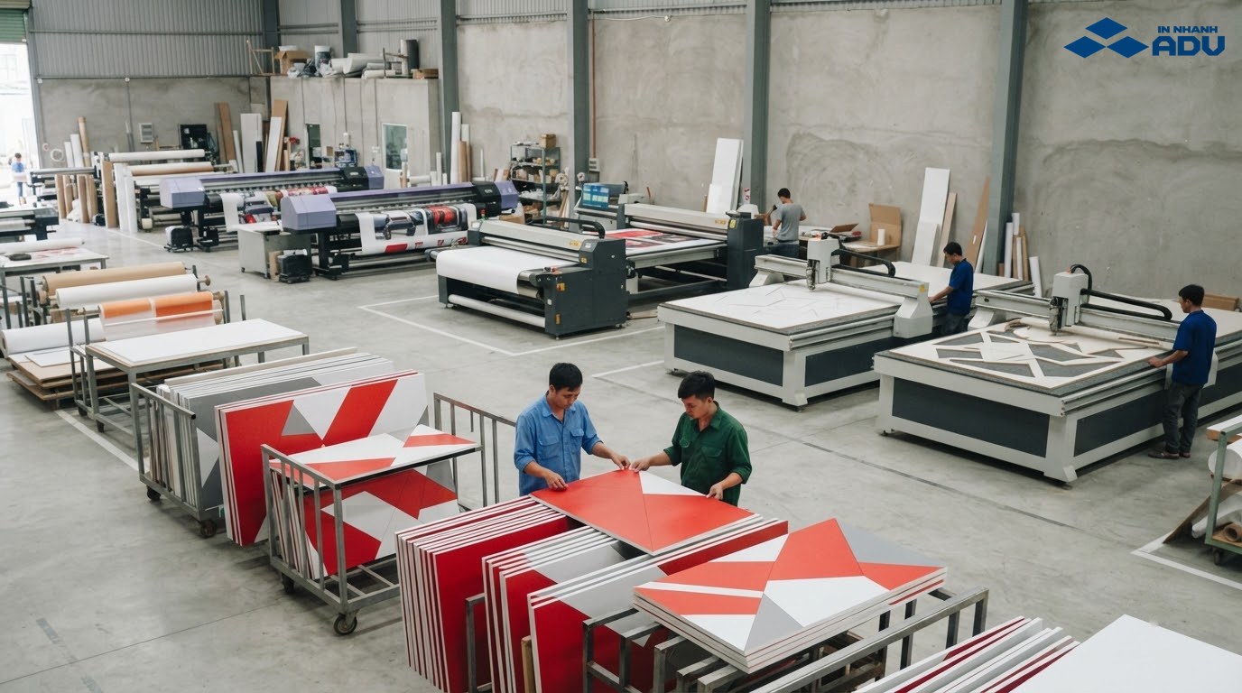 Xưởng in decal dán formex với máy in, máy cán và máy cắt CNC
