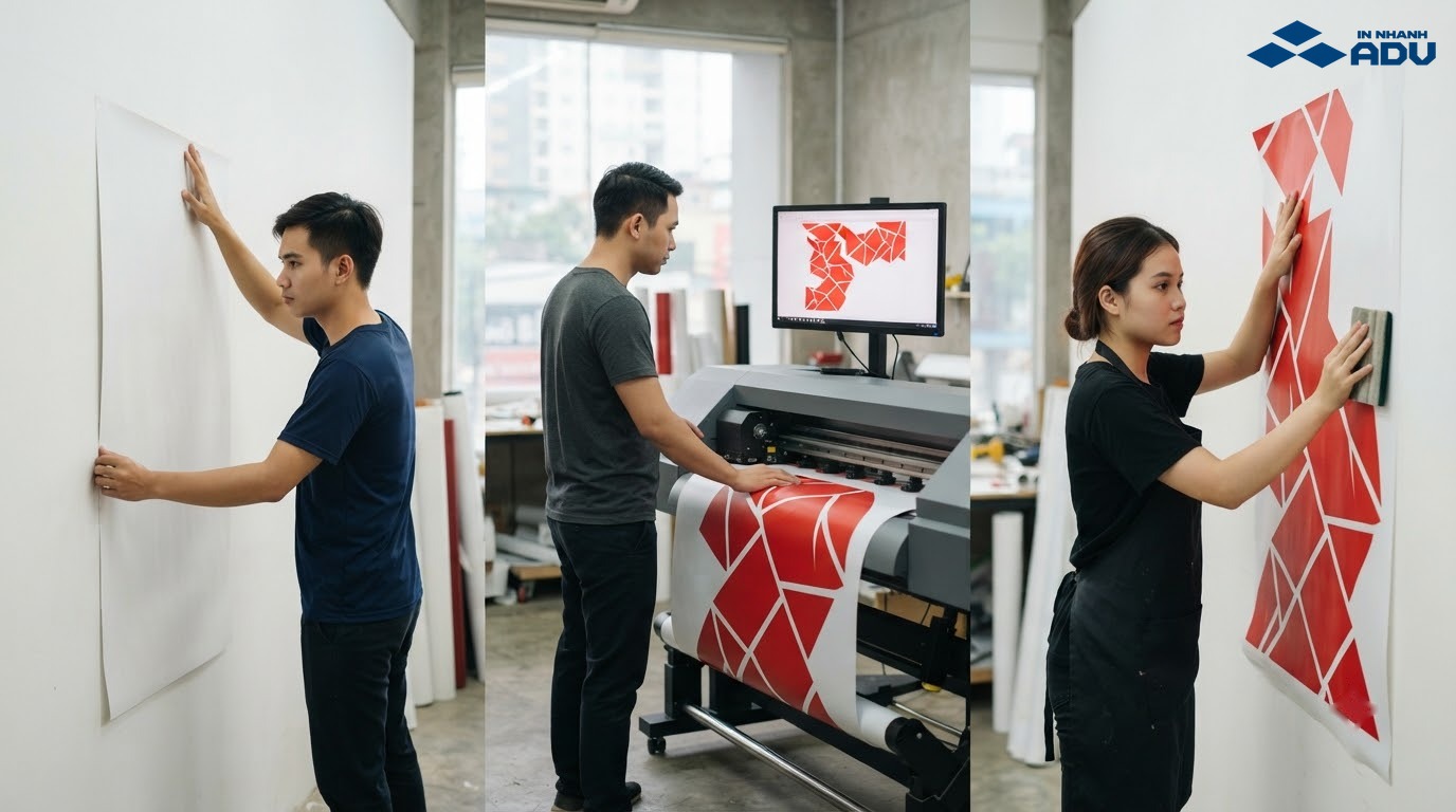 Quy trình đo tường, thiết kế, in, cán màng và thi công decal trang trí