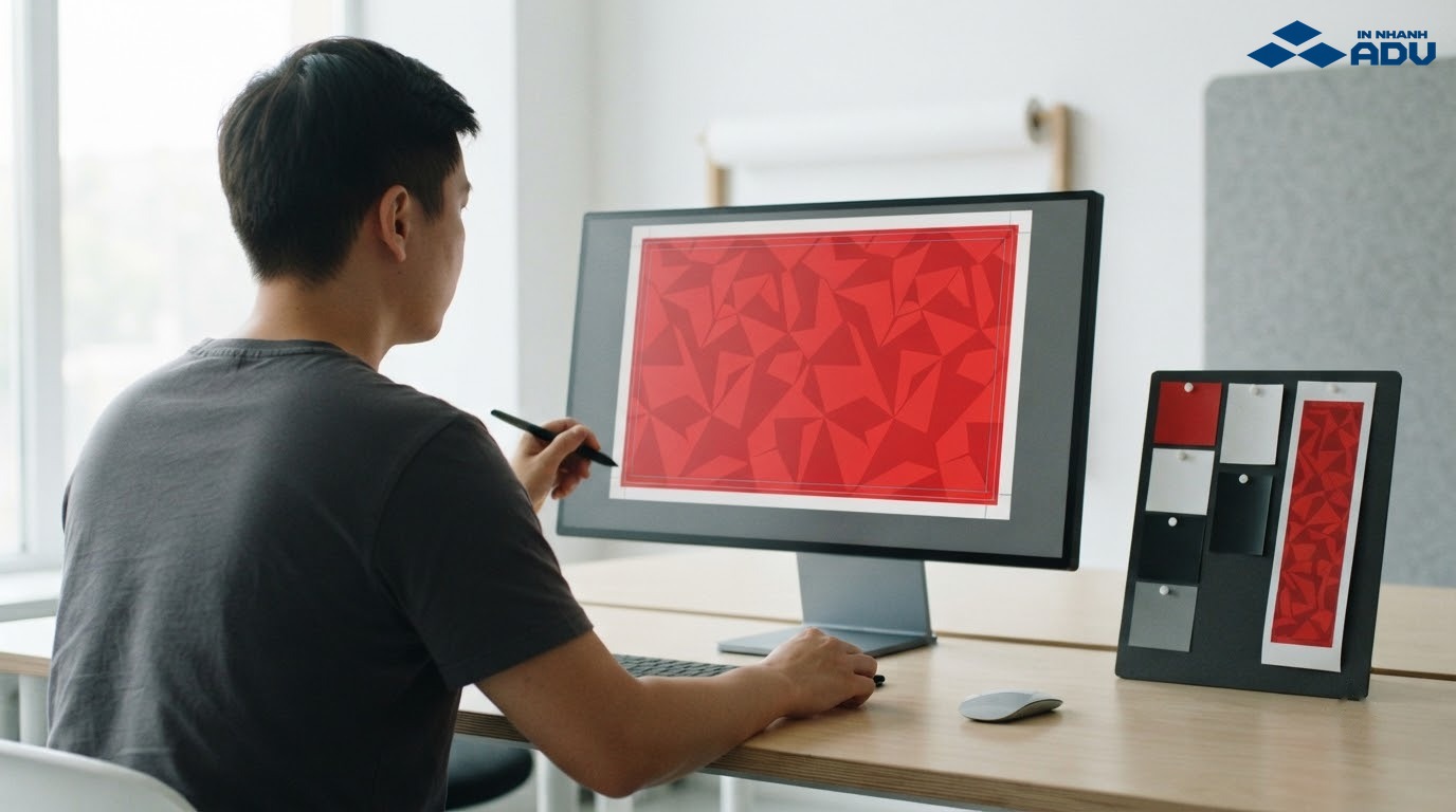Kỹ thuật viên kiểm tra màu sắc, độ phân giải và vùng tràn lề của file in decal