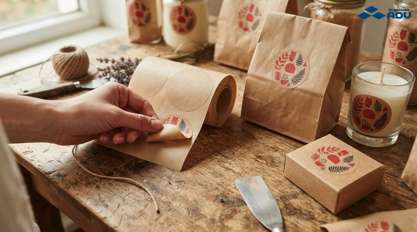 Tem giấy kraft màu nâu trên bao bì sản phẩm thủ công