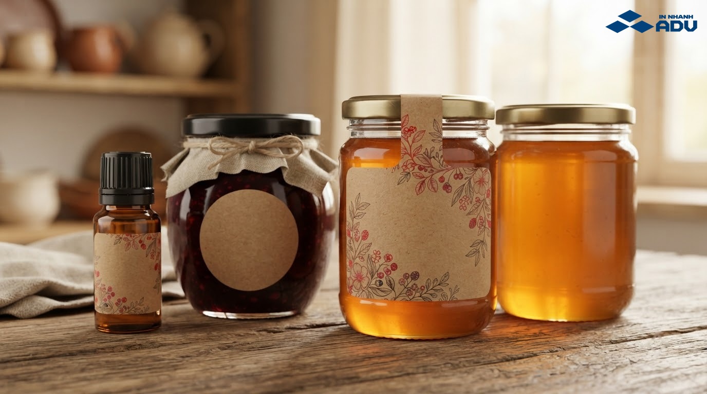 Tem giấy kraft dán trên chai thủy tinh và hũ sản phẩm handmade