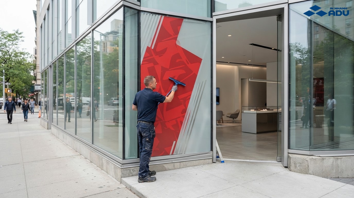 Thợ thi công decal trong và decal mờ trên kính showroom