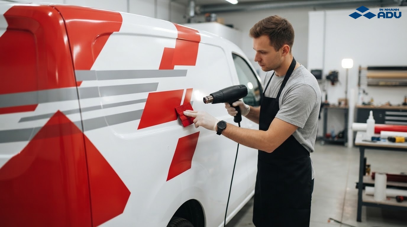 Kỹ thuật viên dán decal PVC lên phần hông cong của xe tải