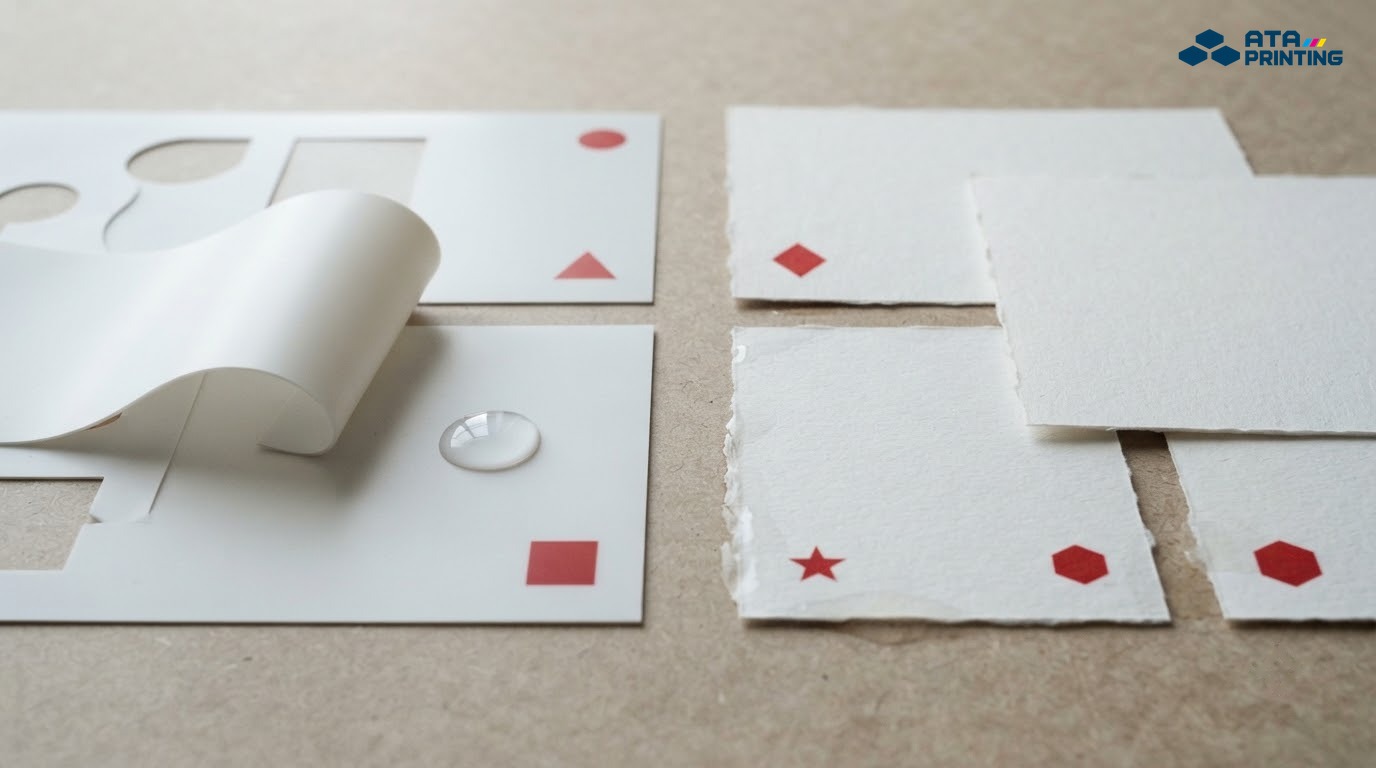 Mẫu decal nhựa PVC và decal giấy đặt cạnh nhau để so sánh