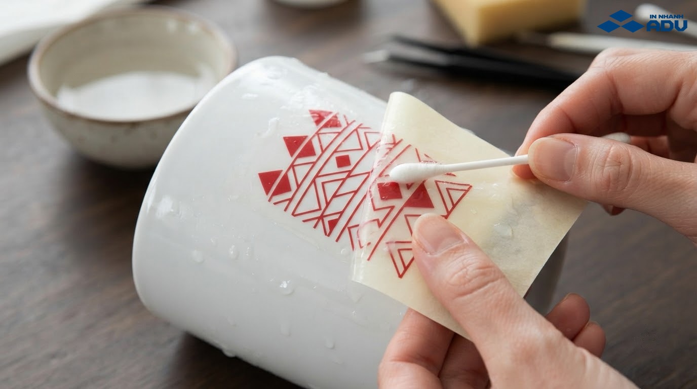 Màng decal nước mỏng đang trượt khỏi giấy đế lên bề mặt gốm