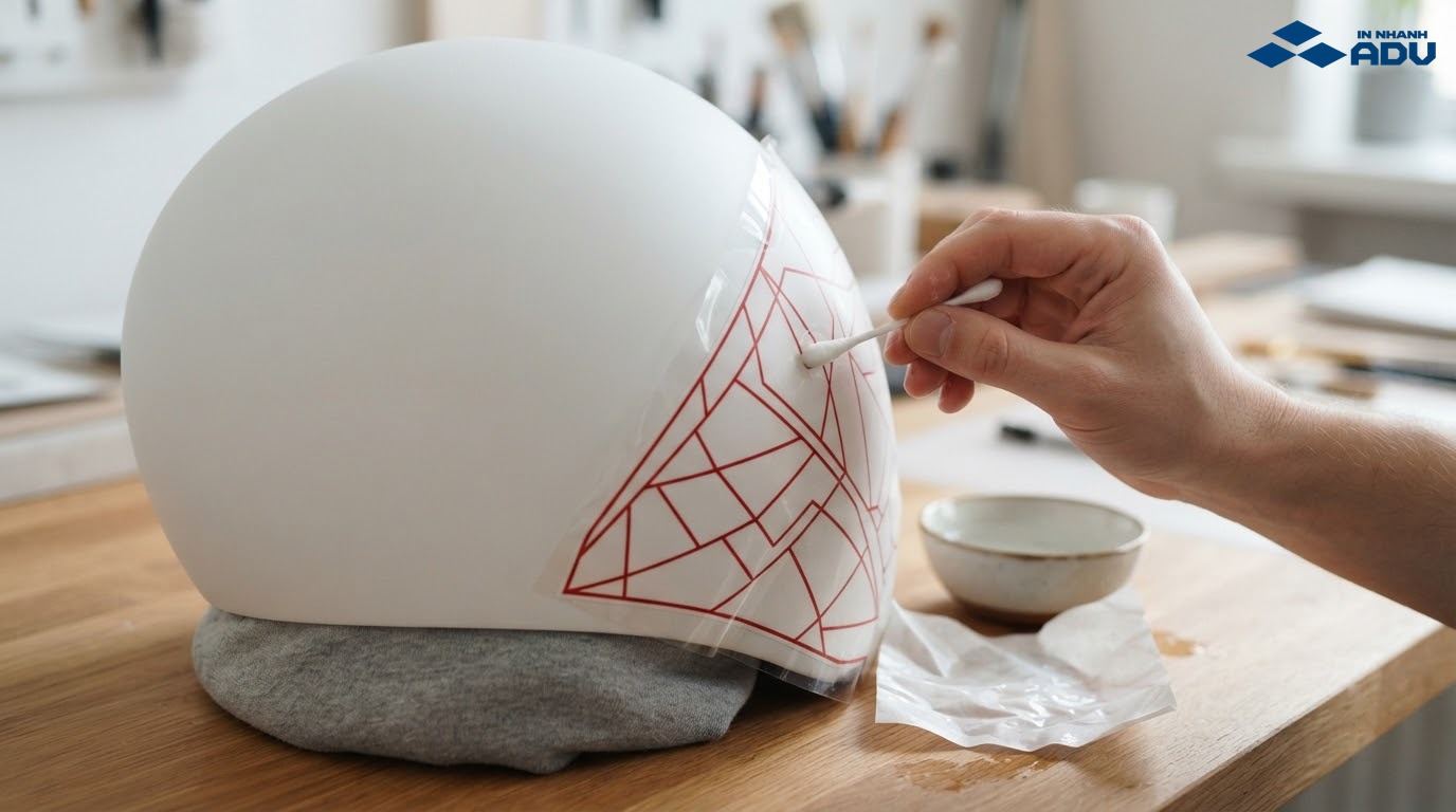 Màng decal nước uốn theo đường cong của vỏ mũ bảo hiểm mẫu
