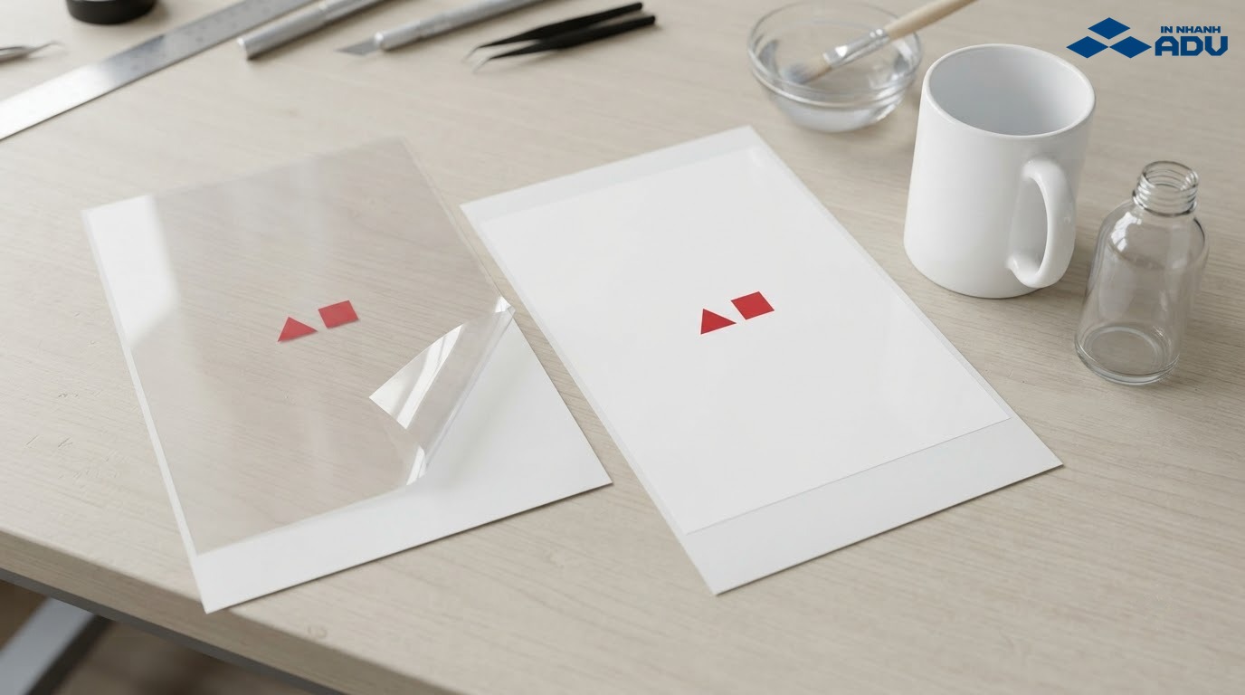 Hai loại tờ decal nước màng trong và màng trắng đặt trên bàn xưởng in