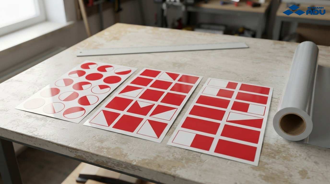 Các tờ tem decal phản quang hình tròn, vuông và chữ nhật