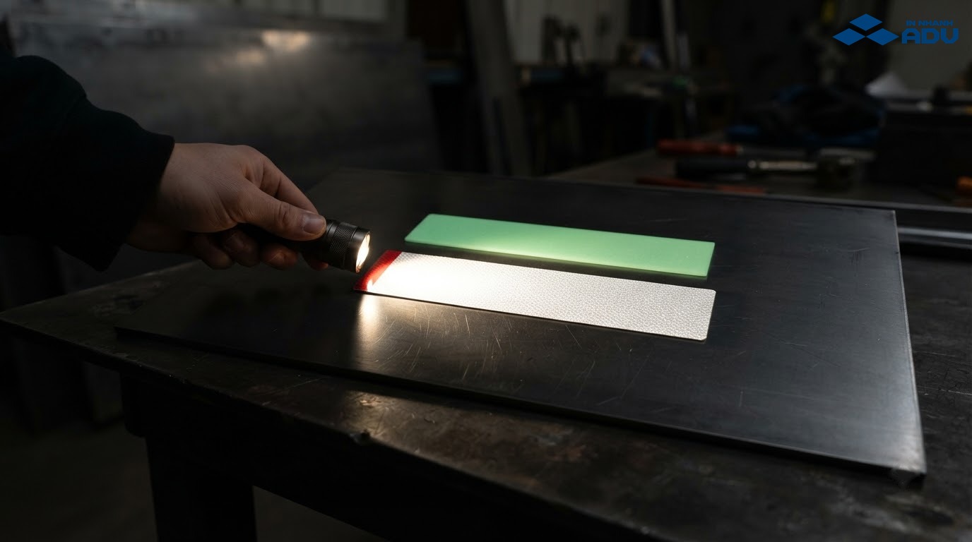 Chùm sáng đèn pin chiếu vào dải decal phản quang trên nền tối