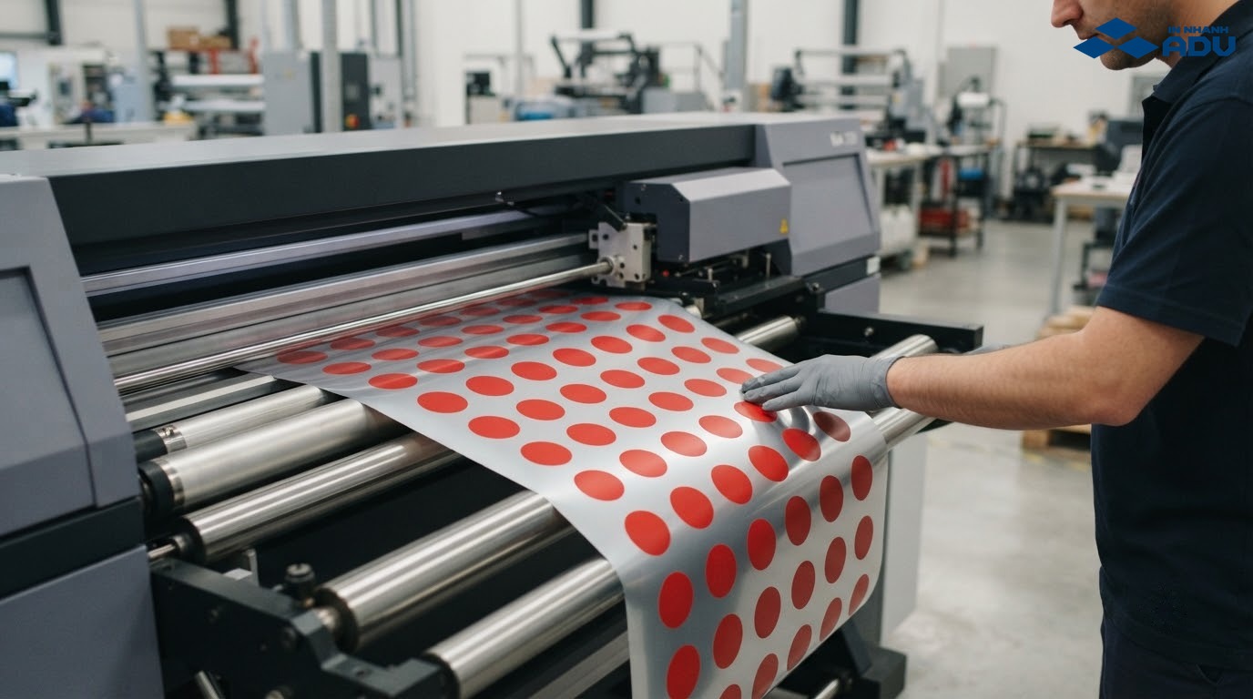 Máy in UV cuộn in họa tiết màu lên màng decal phản quang