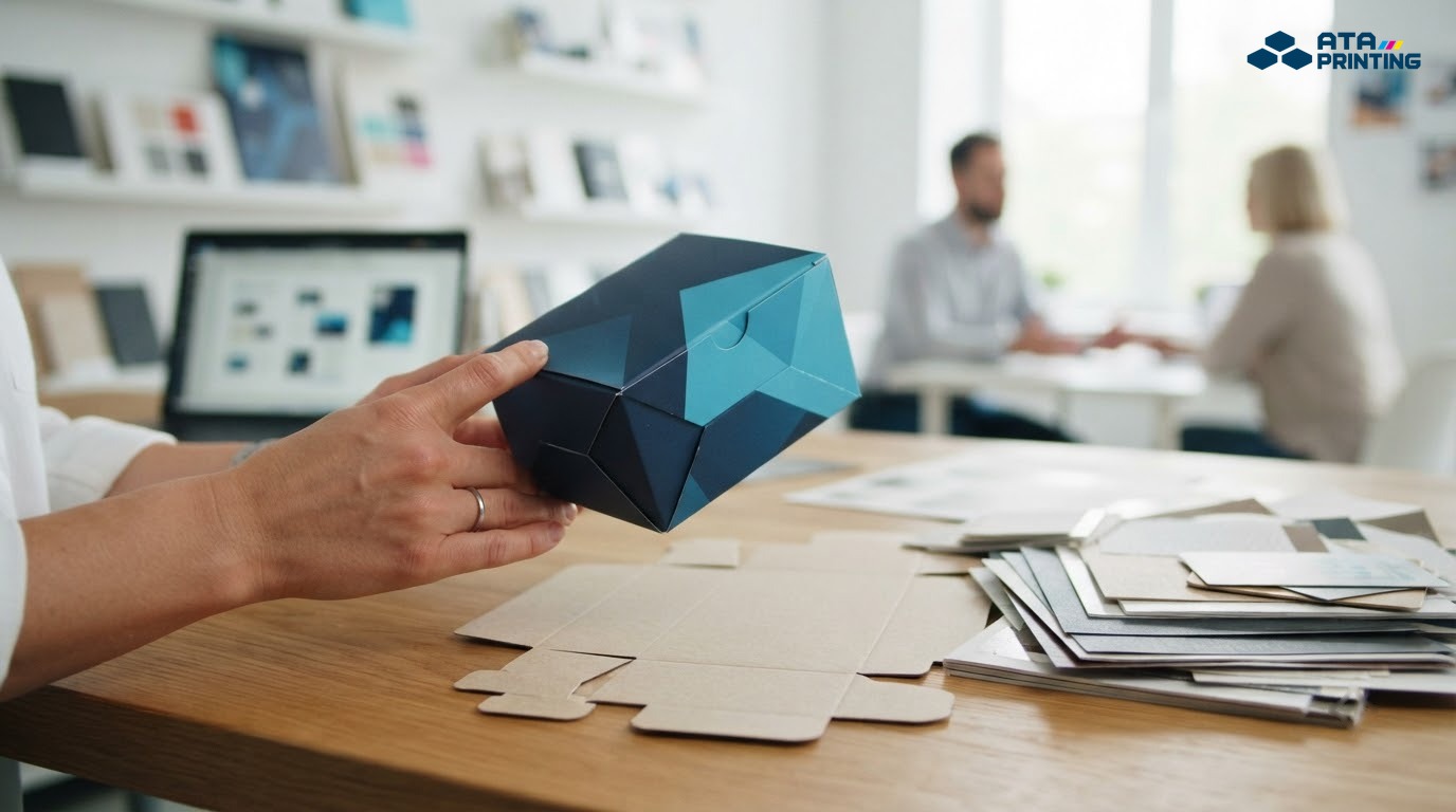 Mẫu hộp giấy theo yêu cầu được kiểm tra cùng giấy in và thành phẩm
